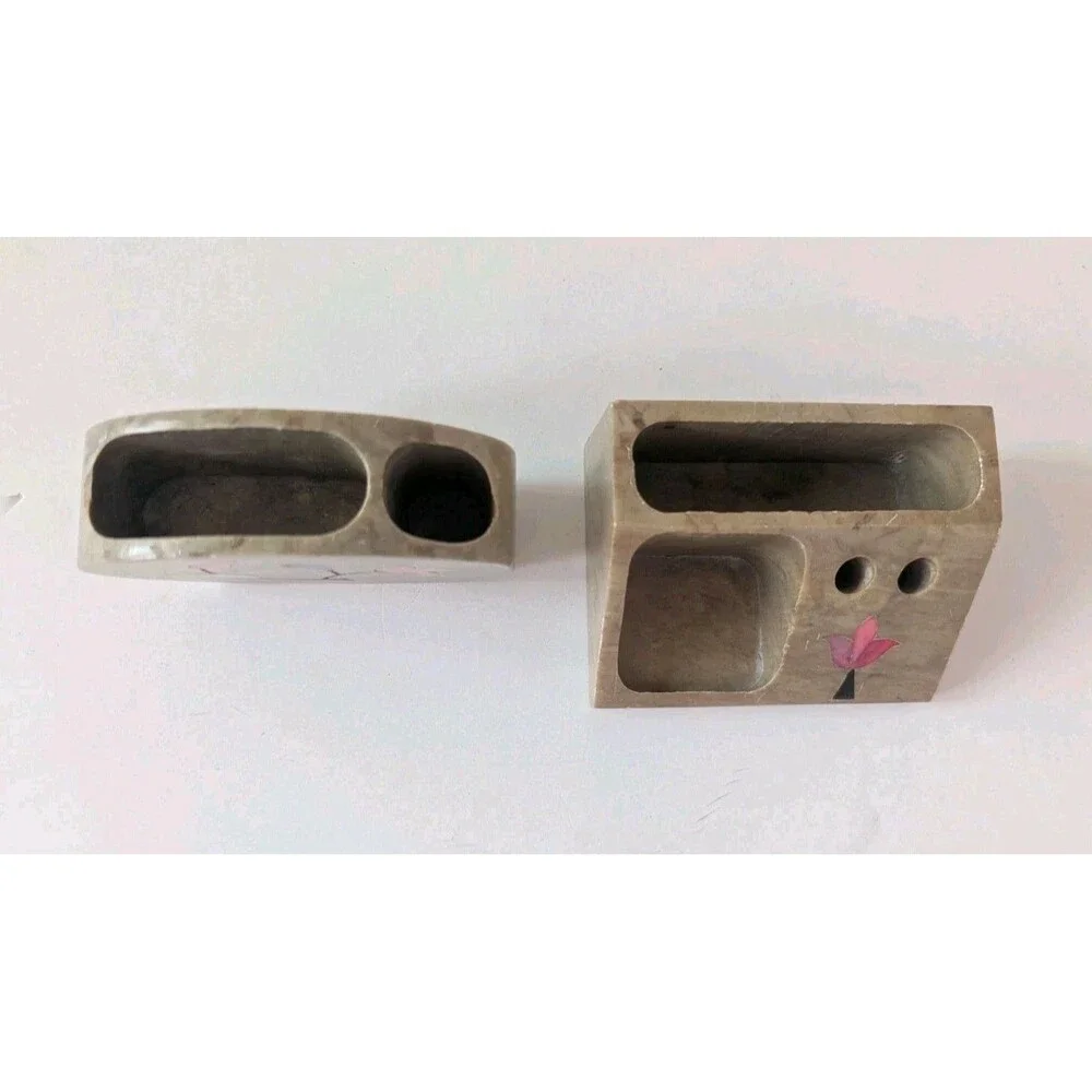 Vtg Soapstone Set Of 2  Decorative Desk Pen & Business Card Holder Hand Carved